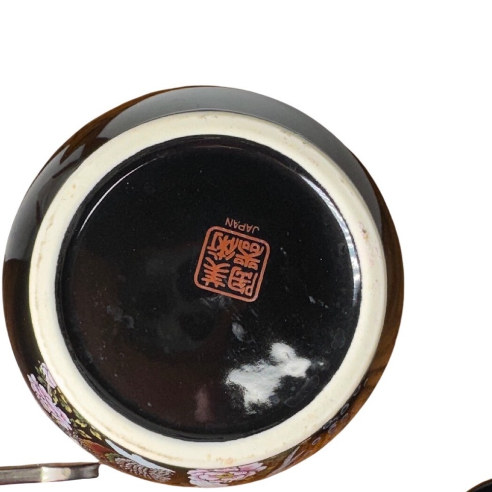 Vintage Japanese Black Porcelain Peacock Vase Ginger Jar Tea Cup Set 7pc Japan - Picture 5 of 15
